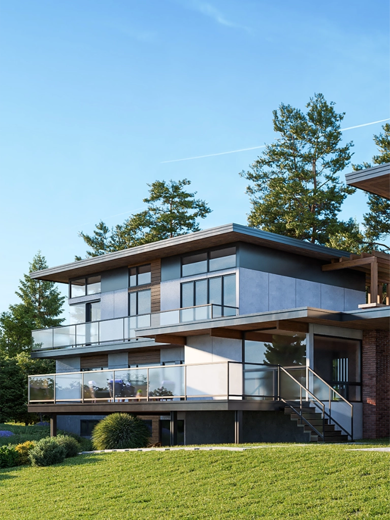 Contemporary two-story home with elegant landscaping and modern architectural features.
