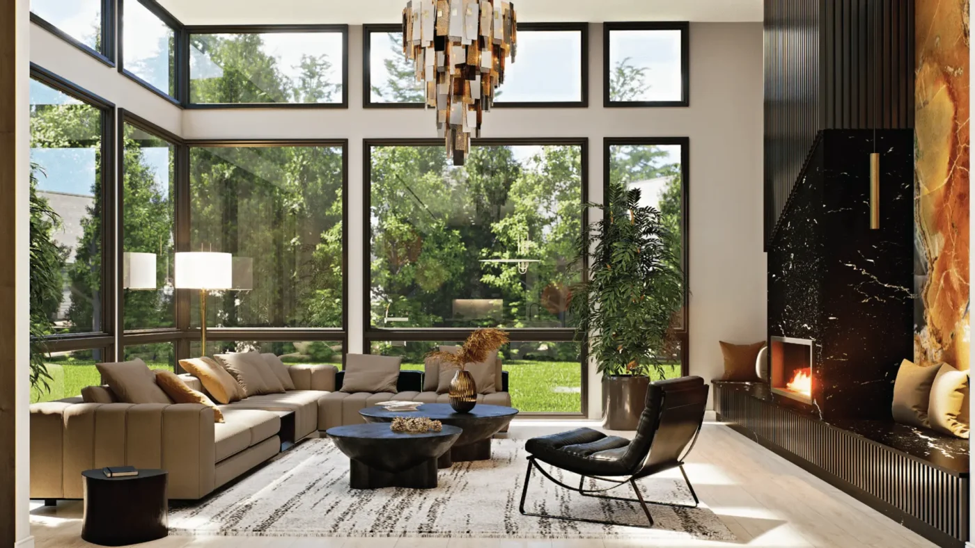 Bright, modern living room with large windows, elegant decor, and a cozy ambiance.