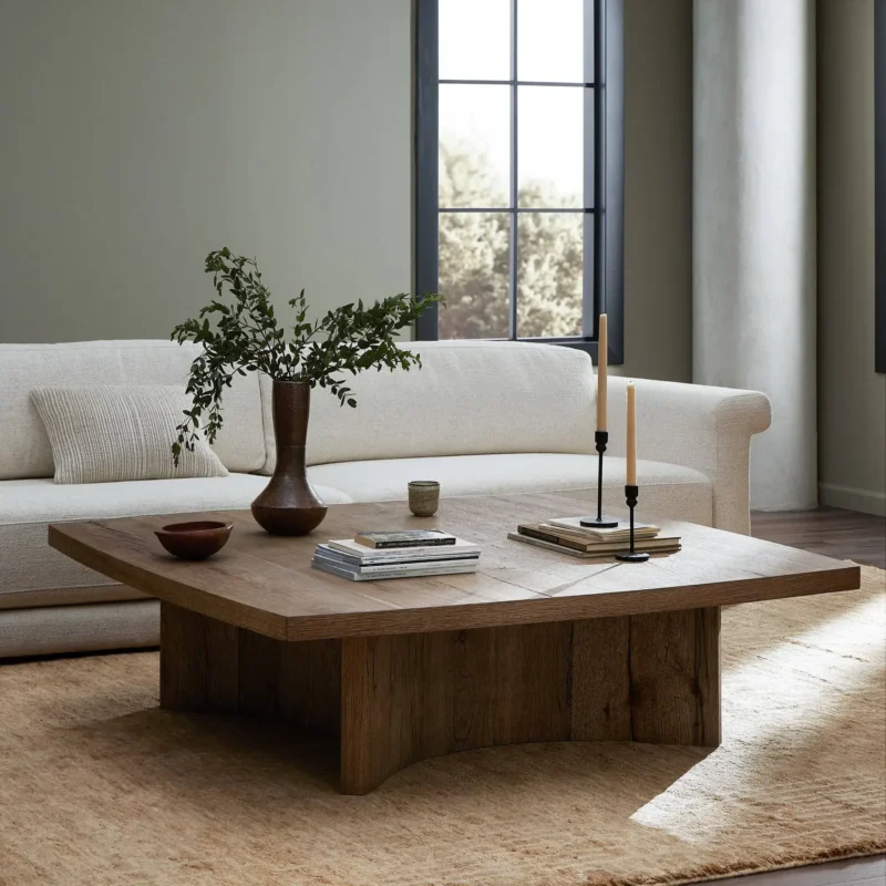 Elegant living room featuring a cozy wooden coffee table and inviting cream sofa.