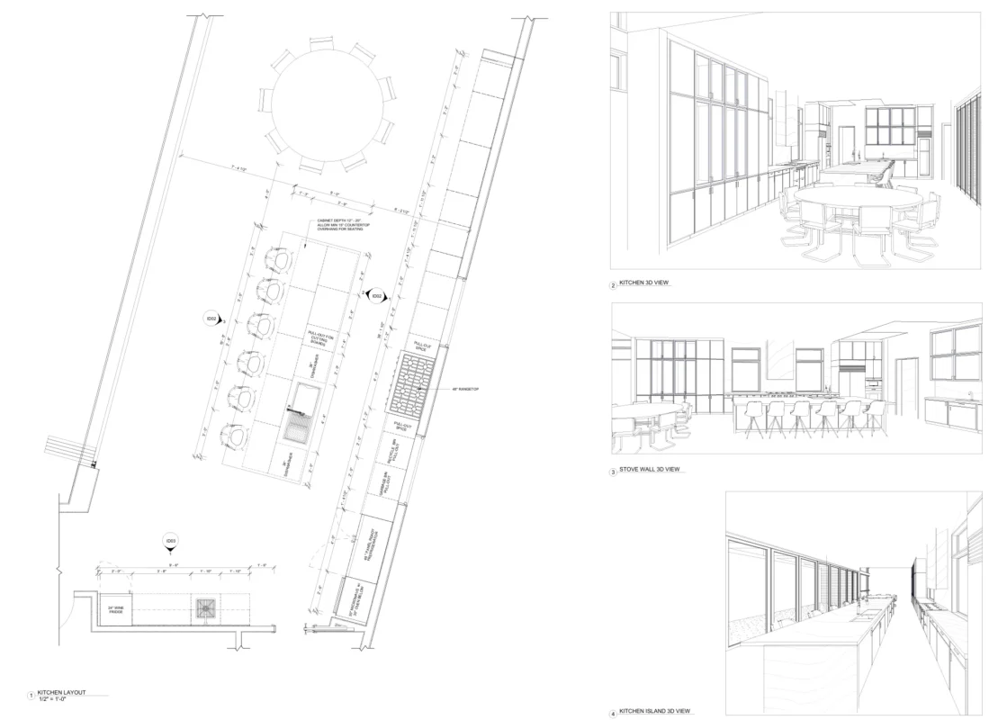 Modern kitchen layout design with 3D views, featuring island and dining area for functionality.