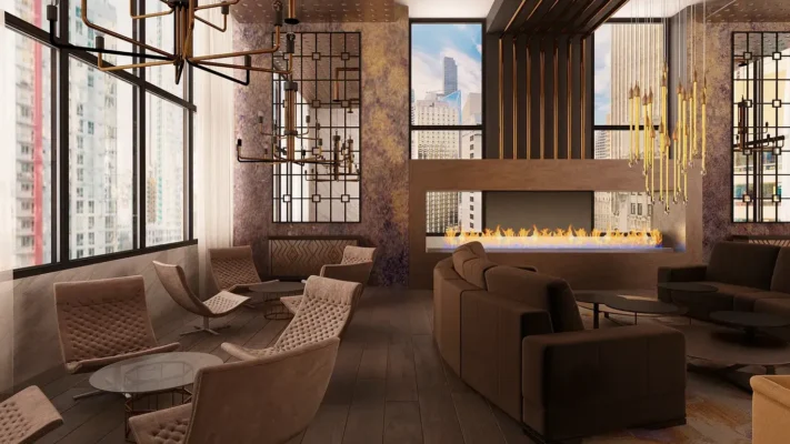 Sophisticated modern lounge with panoramic city views, inviting seating, and elegant design elements.