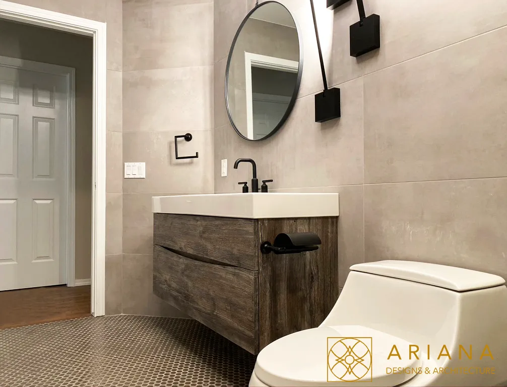 Modern minimalist bathroom featuring elegant design, natural wood vanity, and stylish black fixtures.