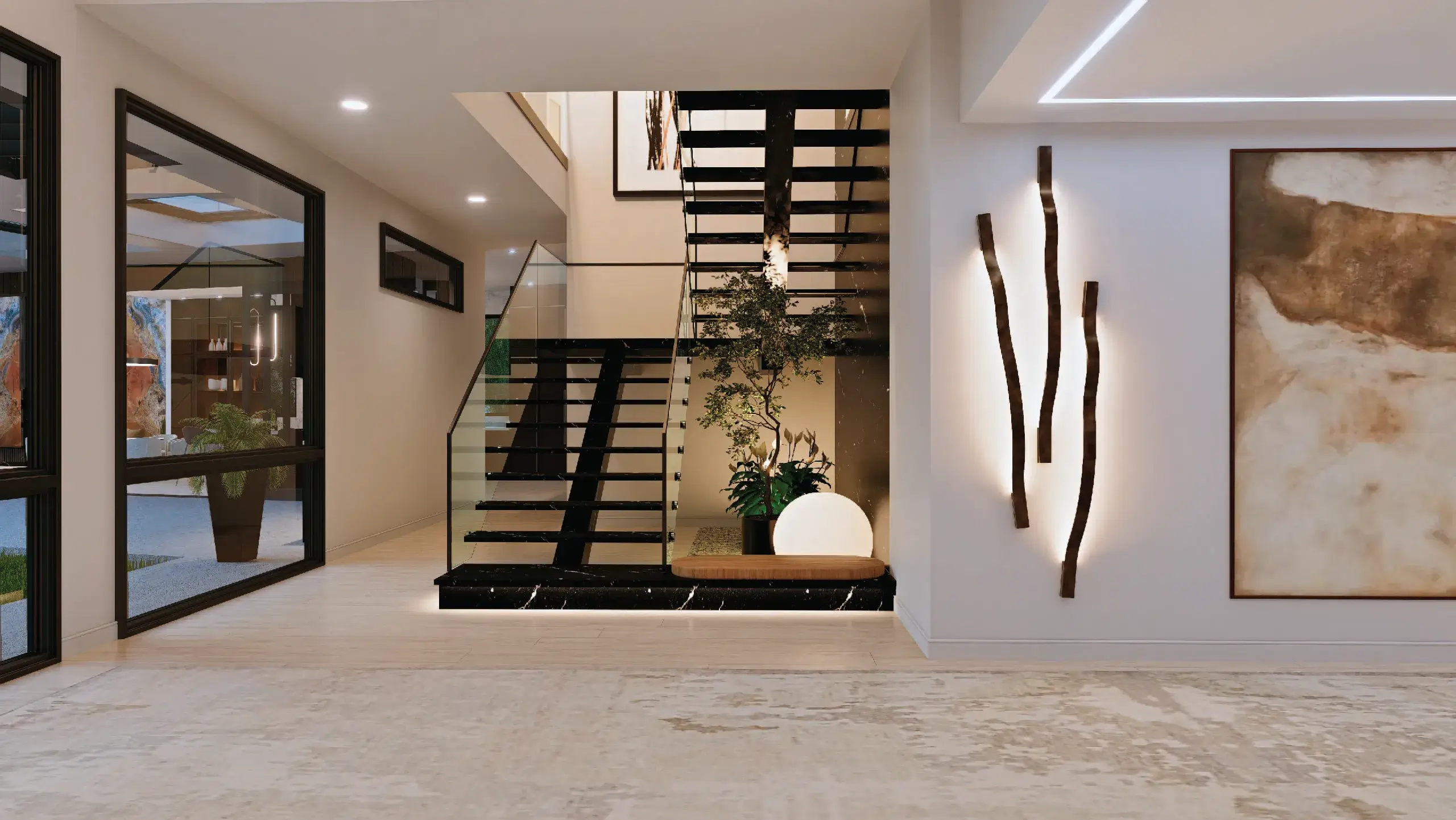 Stylish modern entryway featuring a striking staircase and natural light-filled design.