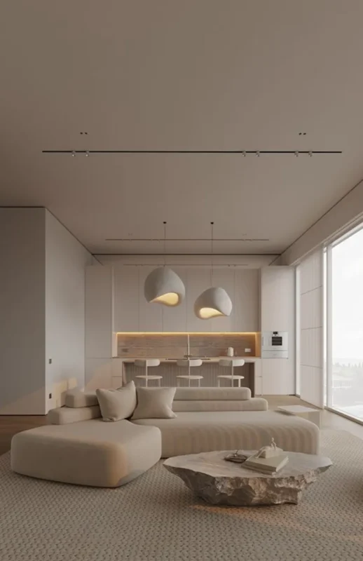 Modern minimalist living space with natural light, elegant design, and cozy decor elements.