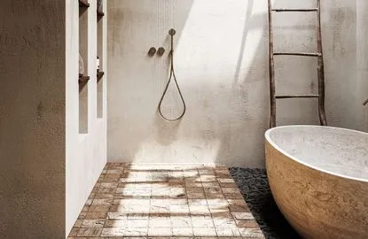 Serene rustic modern bathroom featuring an oval tub and soft natural light.