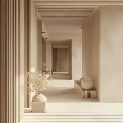 Warm minimalist corridor with natural materials and soft lighting for a tranquil atmosphere.