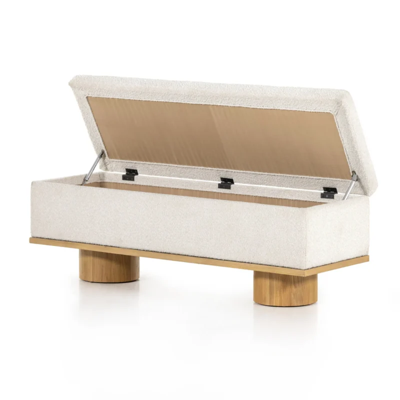 Stylish modern storage bench with textured upholstery and wooden legs for practical organization.