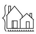 Minimalist line drawing of two cozy houses, showcasing geometric shapes and clean lines.