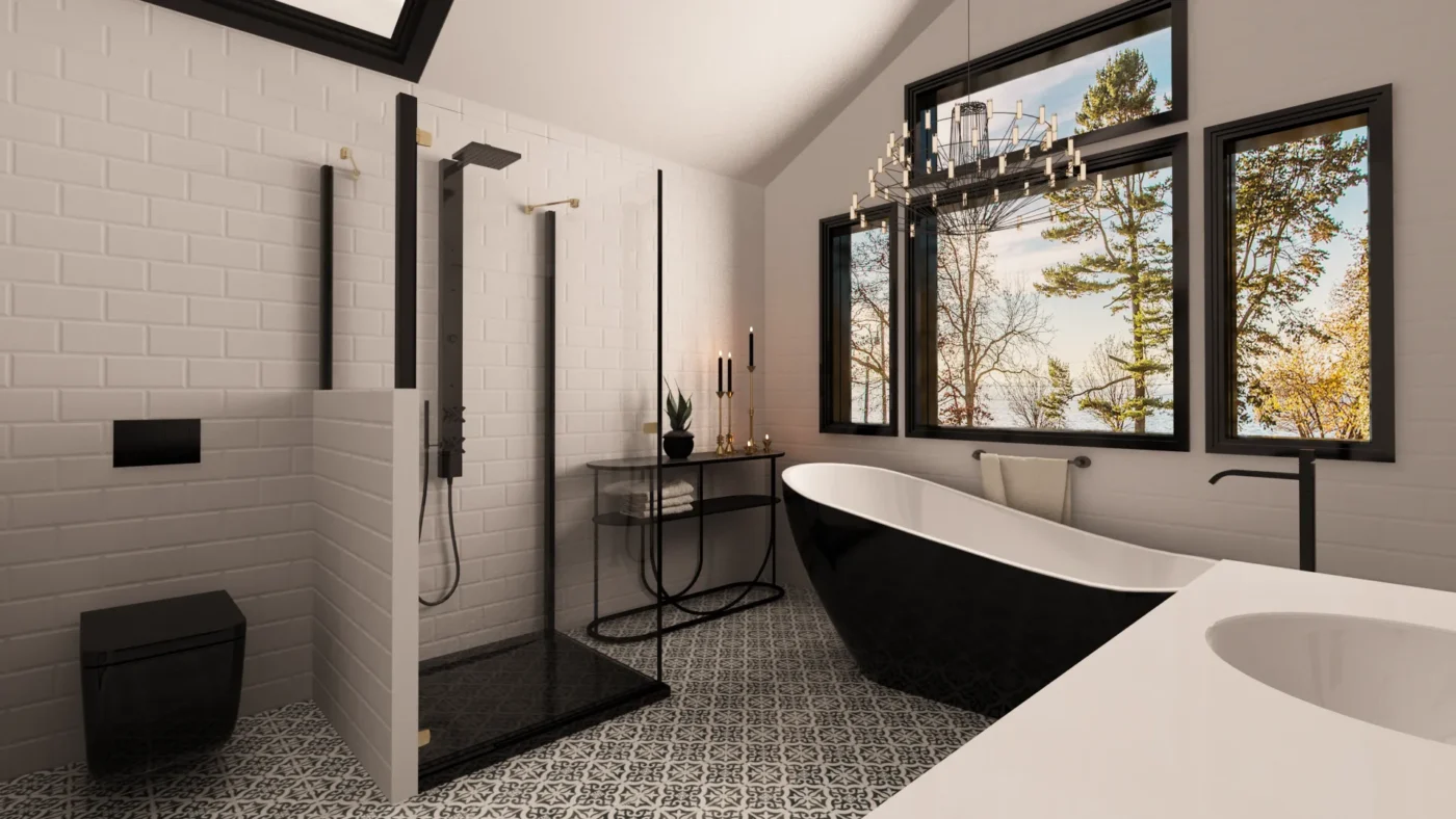 Elegant modern bathroom with freestanding bathtub, natural light, and stylish design elements.