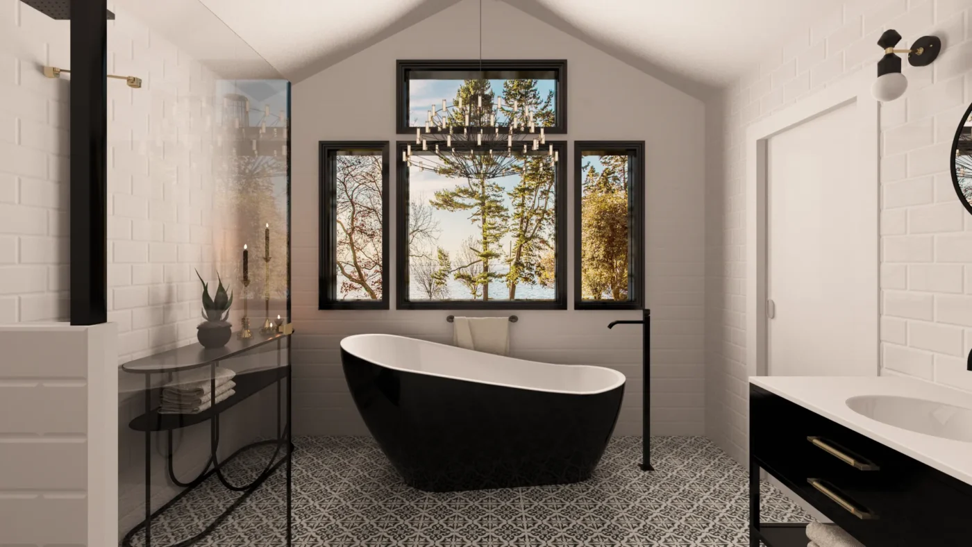 Stylish modern bathroom with a black freestanding tub and elegant design elements.