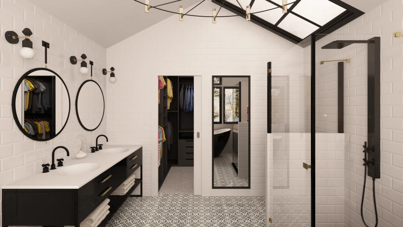 Contemporary black and white bathroom design with dual sinks, skylight, and modern fixtures.