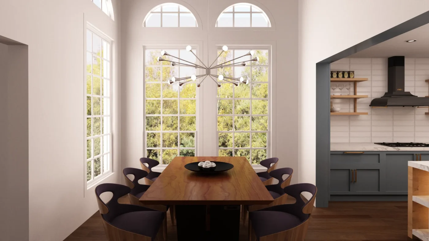 Elegant modern dining area with a wooden table, stylish chairs, and natural light.