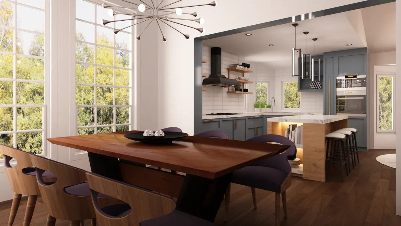 Elegant modern dining kitchen area with wooden table, stylish chairs, and natural light.