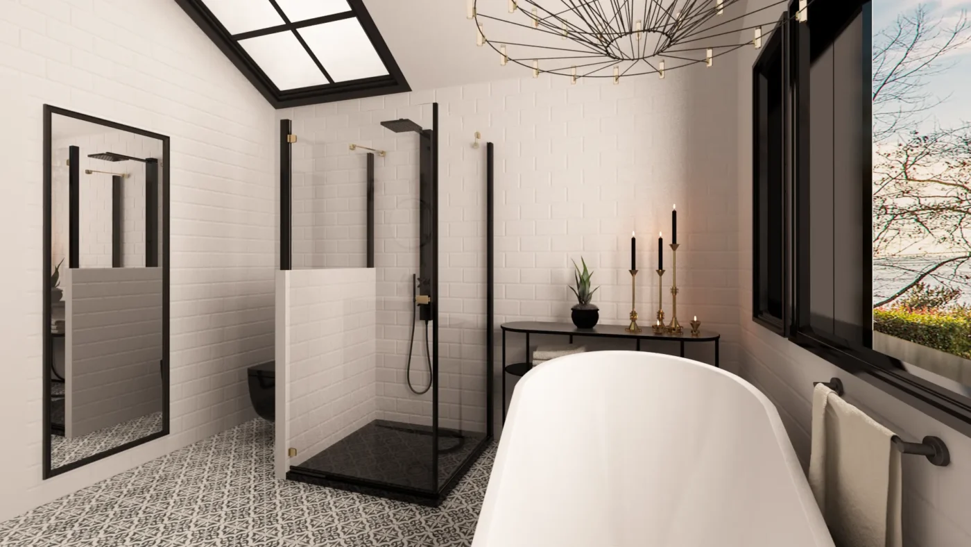 Contemporary bathroom featuring elegant design, glass shower, stylish bathtub, and natural light.