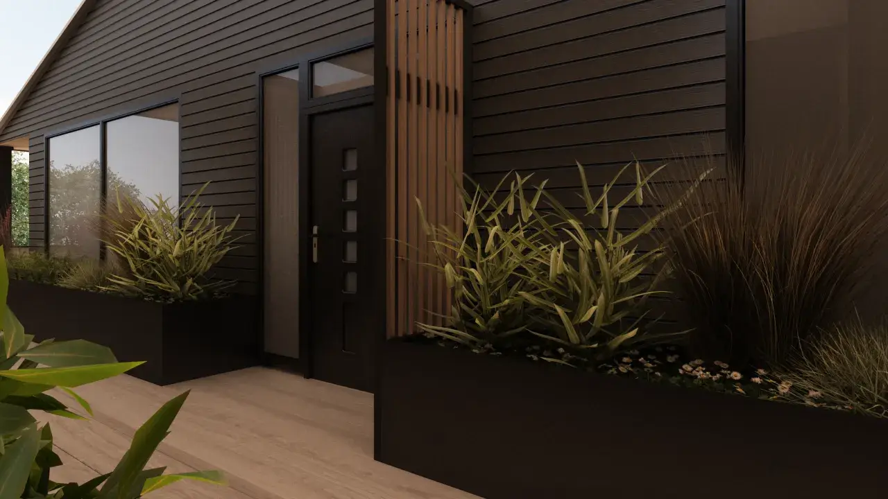 Stylish modern home entrance with dark wooden panels and vibrant greenery.