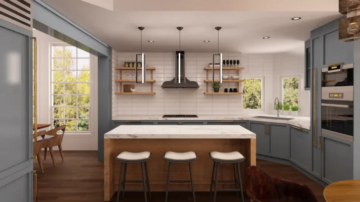 Stylish modern kitchen with blue cabinetry, marble island, and natural light.