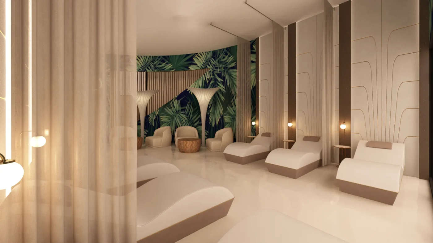 Tranquil modern spa interior designed for relaxation and rejuvenation with natural elements.