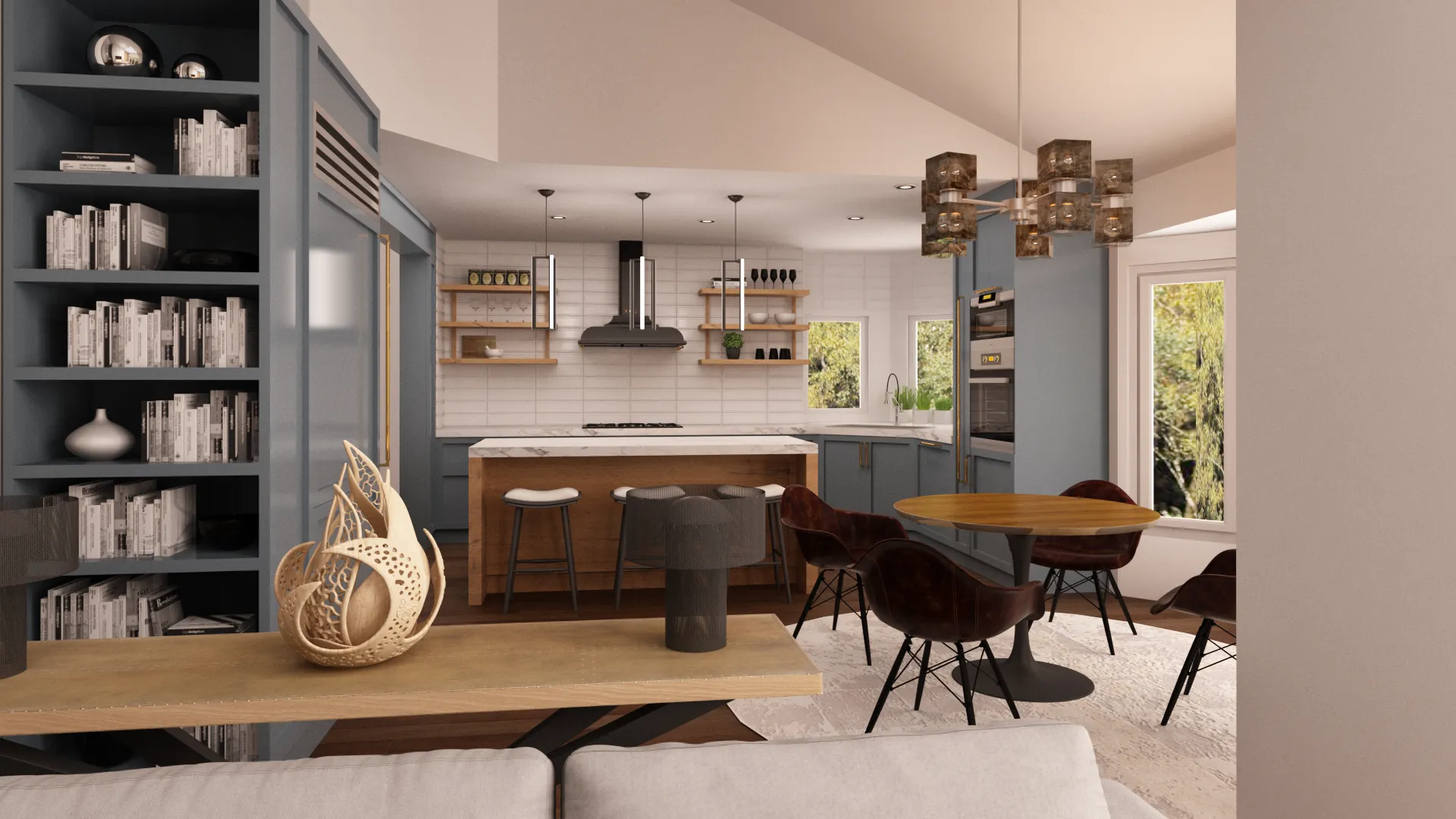 Modern open-concept kitchen and dining area with stylish blue cabinetry and elegant decor.