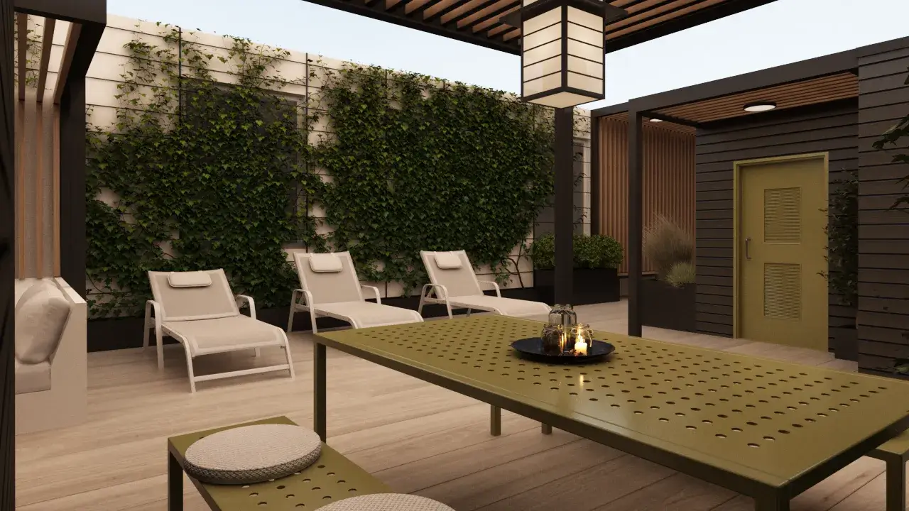Serene modern outdoor patio with a dining table, lounge chairs, and lush greenery.