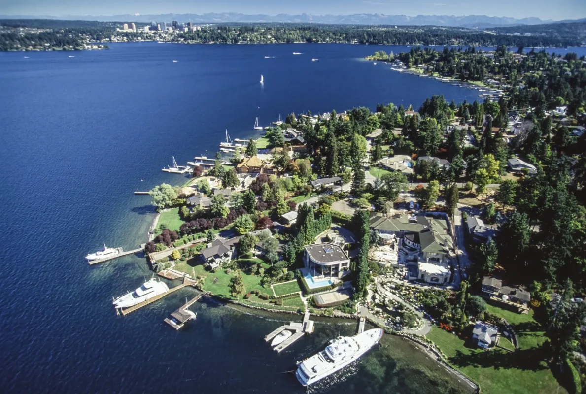 Aerial view of a luxurious lakeside community with stunning homes and recreational boating activities.