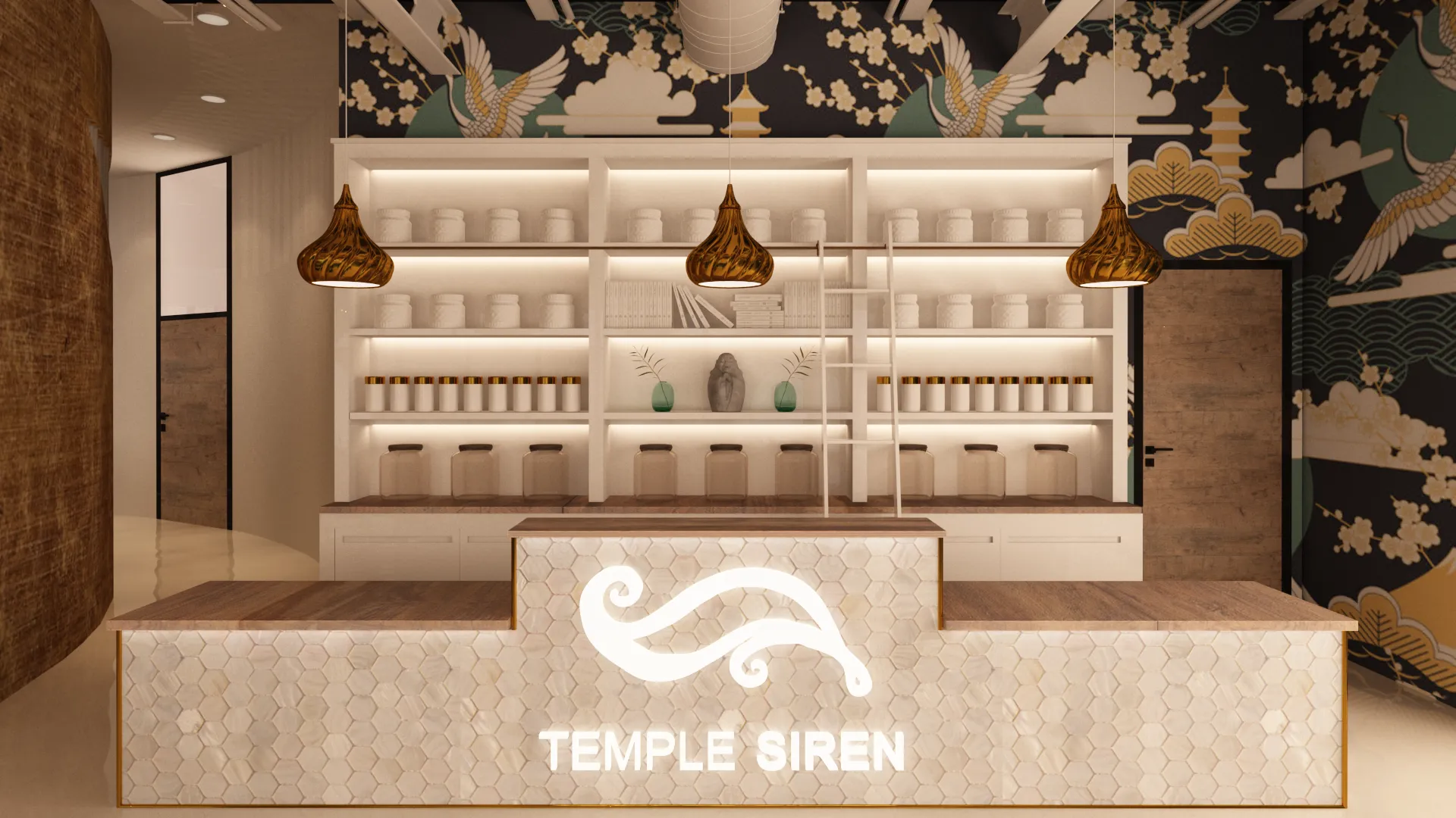 Welcoming reception area at Temple Siren, featuring calming decor and serene ambiance.