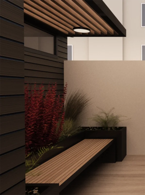 Stylish modern outdoor garden space with wooden elements and vibrant plant arrangements for relaxation.