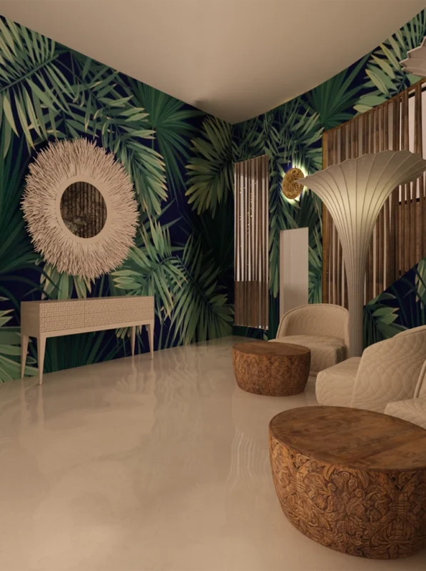 Tropical interior design featuring palm leaf wallpaper, elegant seating, and modern decor for relaxation.