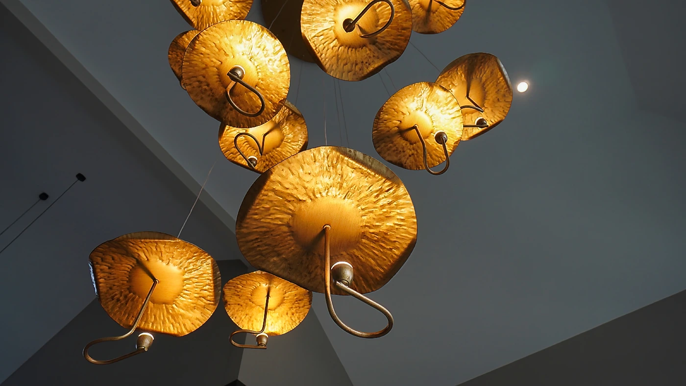 Modern artistic chandelier resembling water lilies, adding elegance and warm light to interiors.