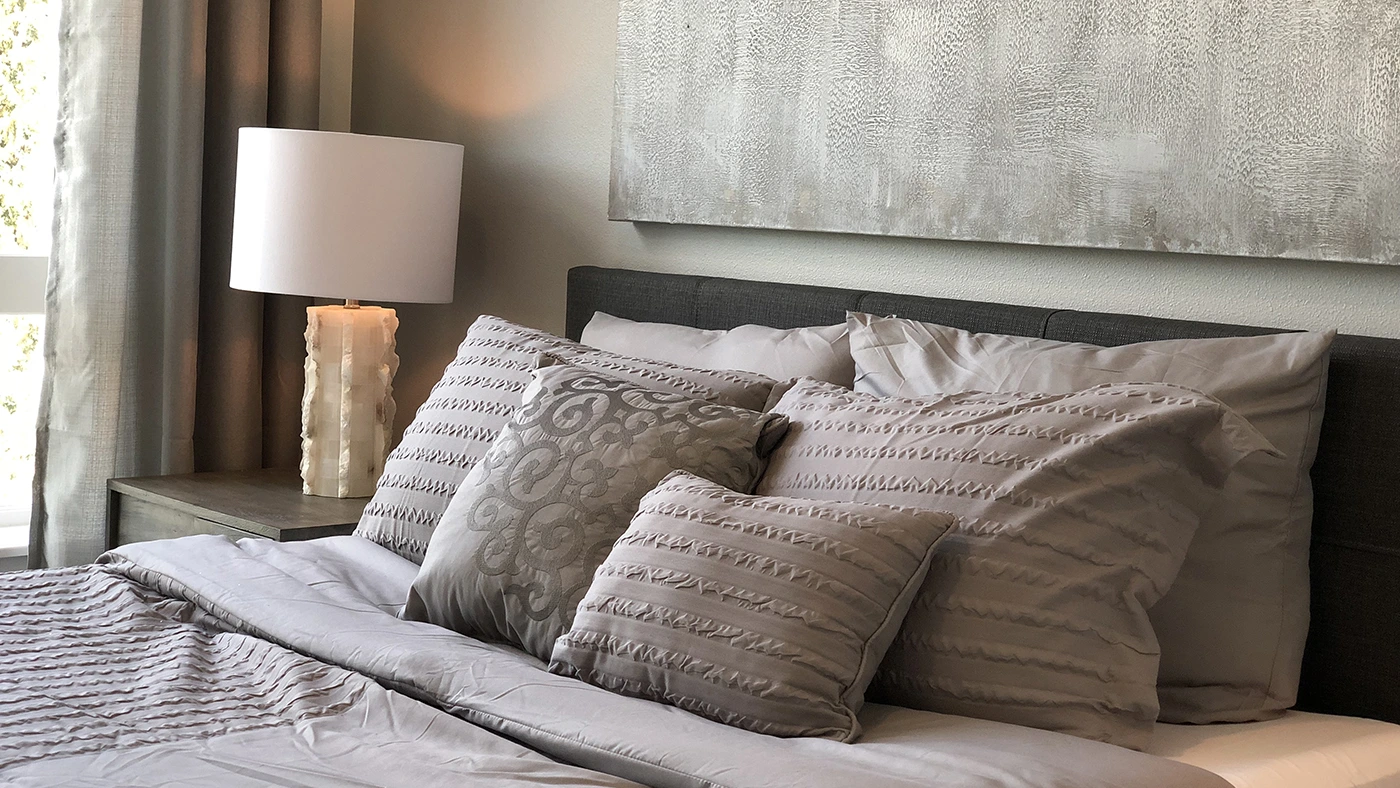 Elegant modern bedroom design featuring cozy gray bedding and soothing natural light.