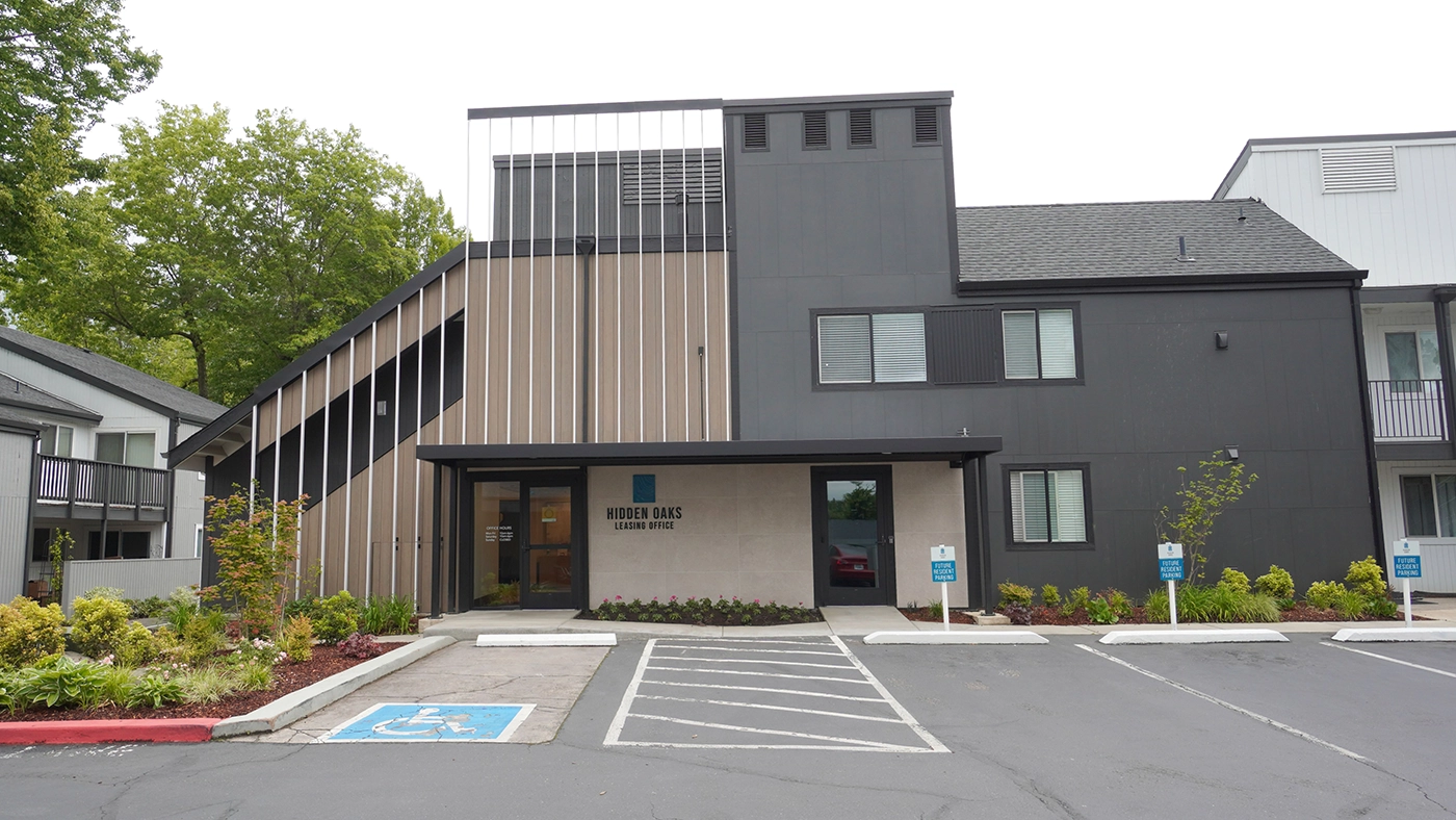 Modern leasing office at Hidden Oaks with attractive design and welcoming landscaping.