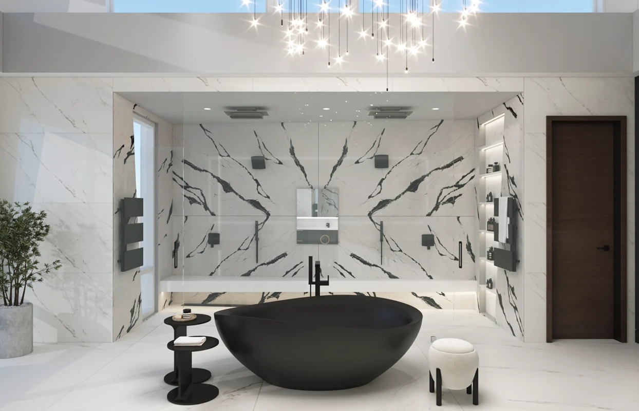 Sleek black freestanding bathtub in a luxurious modern bathroom with elegant marble tiles.