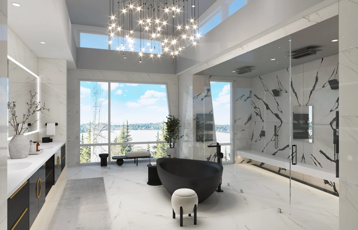 Elegant luxury modern bathroom with freestanding tub and serene landscape views.