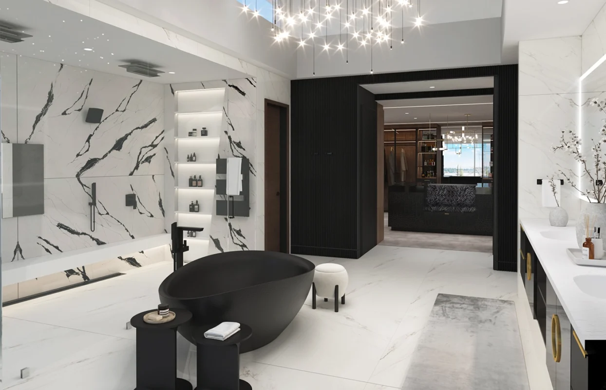 Luxurious modern bathroom featuring freestanding bathtub, elegant marble, and stylish double vanity.