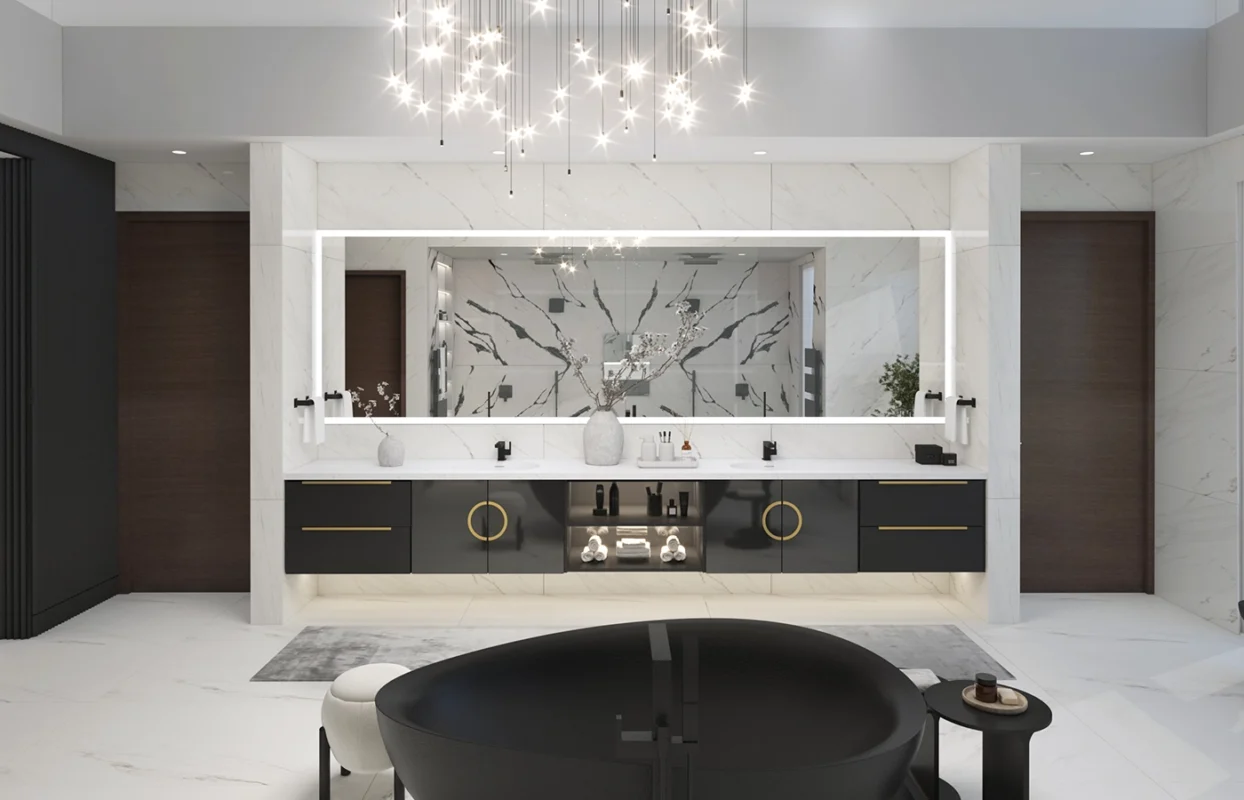 Elegant luxury modern bathroom with marble tiles, sleek vanity, and sophisticated design elements.