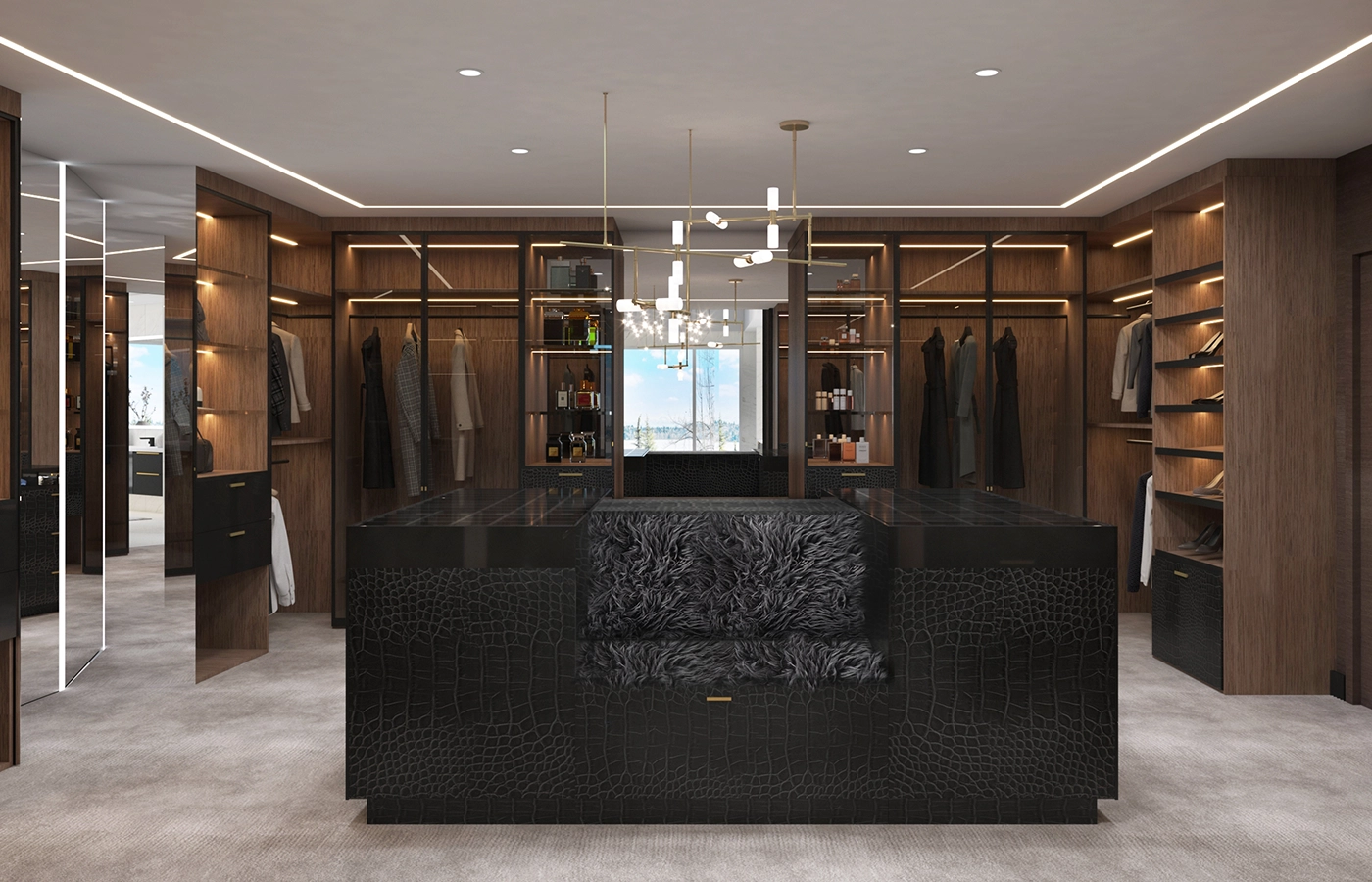 Elegant luxury dressing room with modern design, featuring a stylish island and natural lighting.