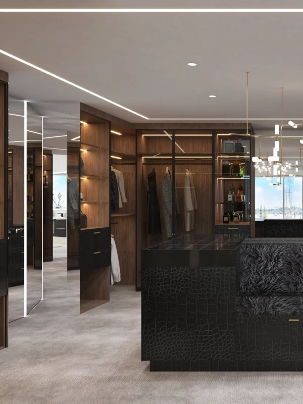 Luxurious modern walk-in closet with elegant design, ample storage, and sophisticated lighting.