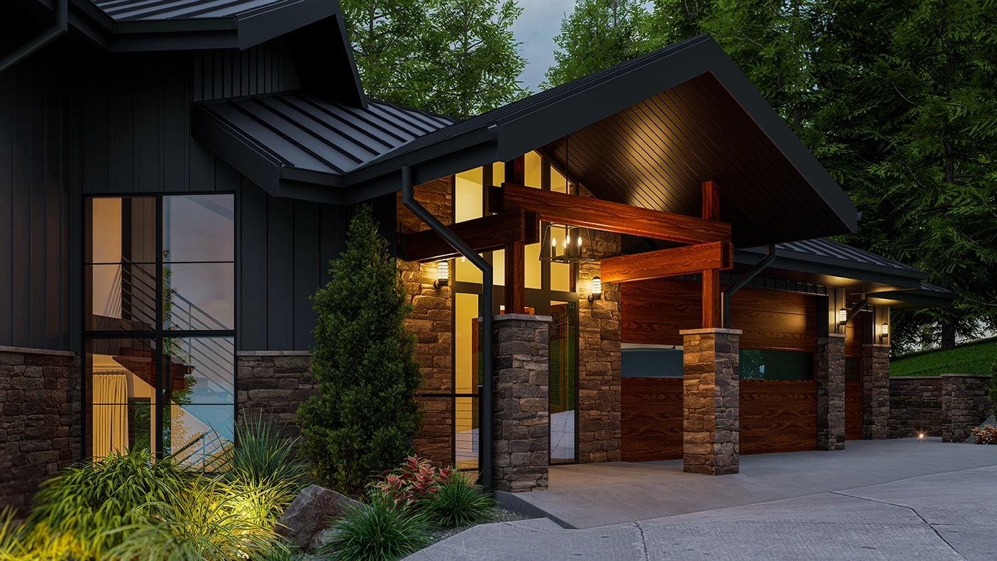 Modern architectural design featuring natural materials, inviting entrance, and contemporary aesthetics.