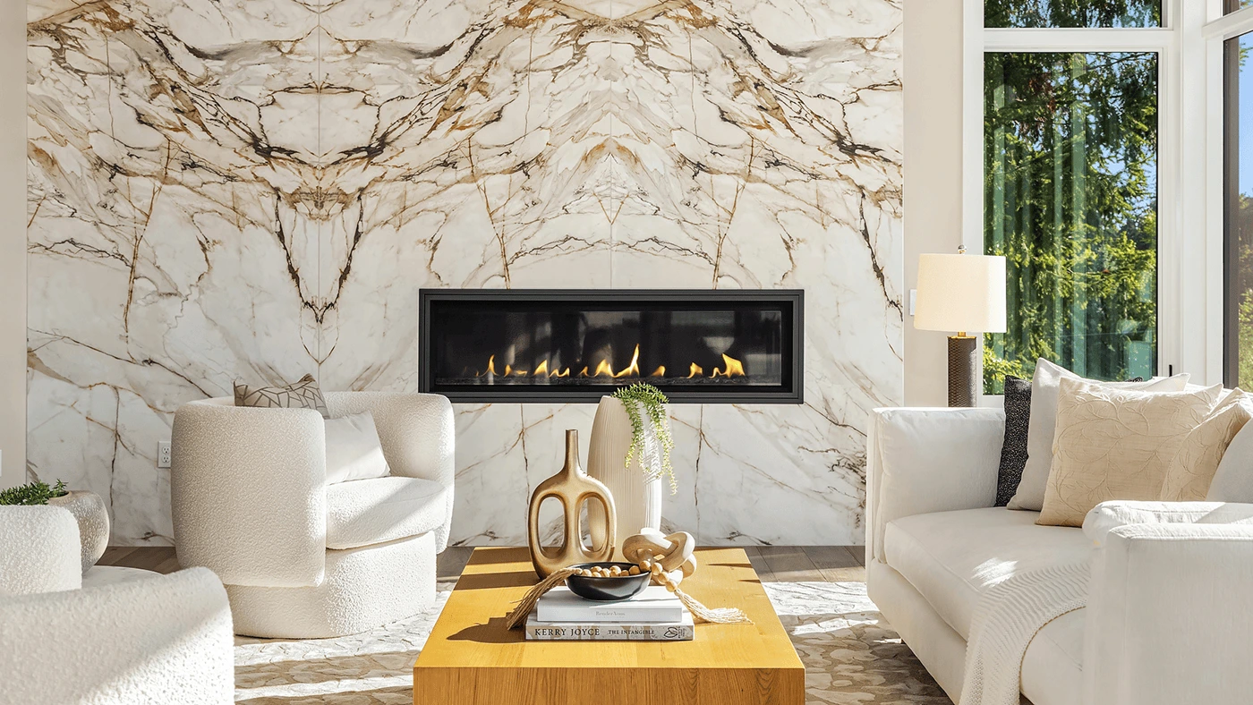 Modern elegant living room featuring a luxurious marble fireplace and inviting, plush seating.