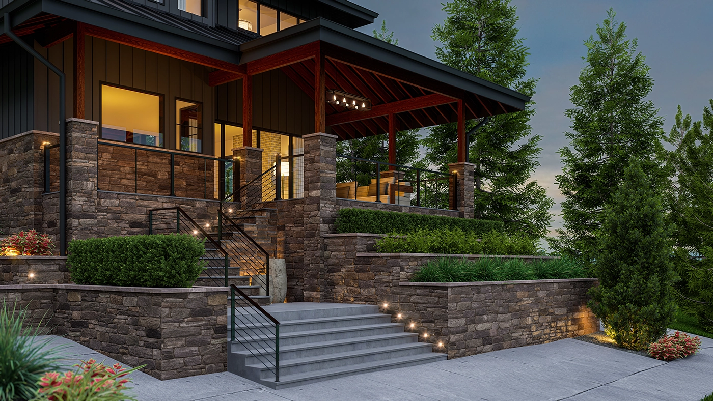 Modern home exterior with stone, wood accents, lush greenery, and inviting porch design.