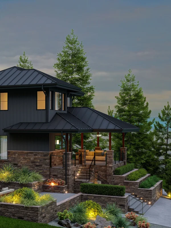 Modern home seamlessly integrates with nature, featuring sleek design, outdoor space, and vibrant landscaping.