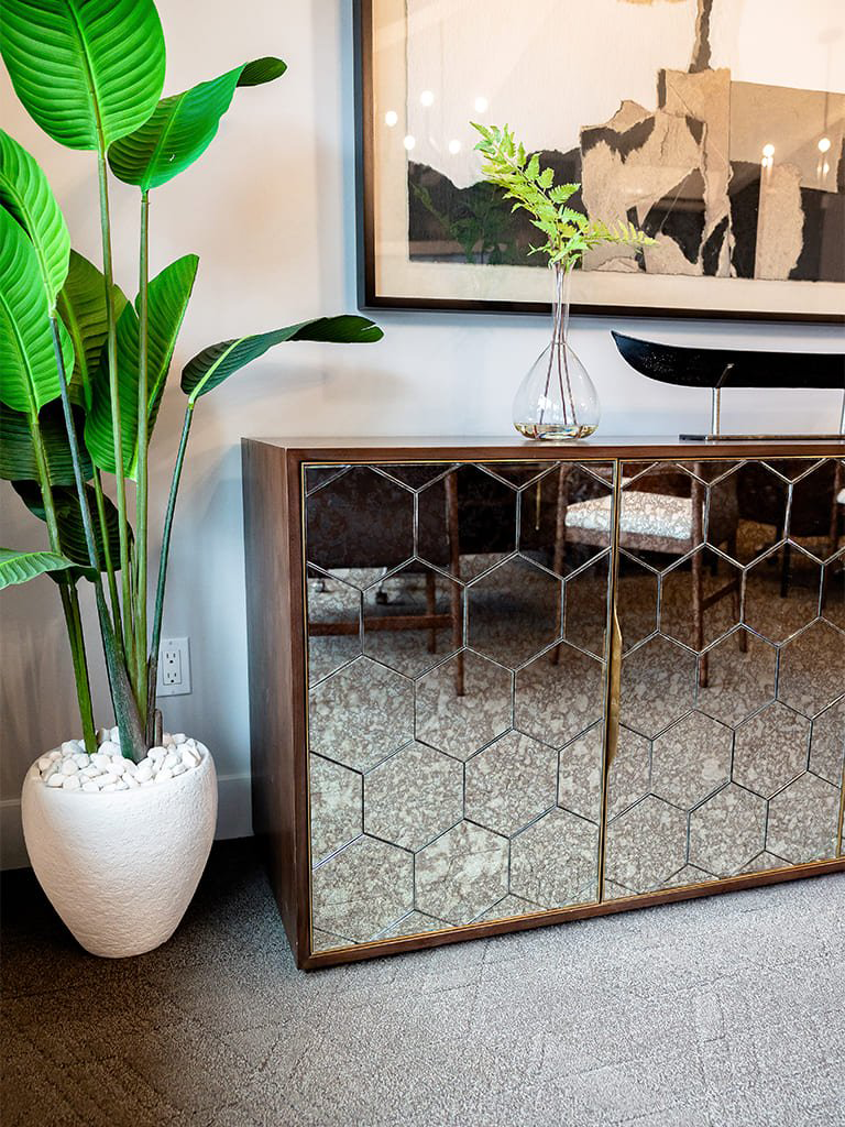 Stylish modern interior with a mirrored cabinet, greenery, and abstract artwork.