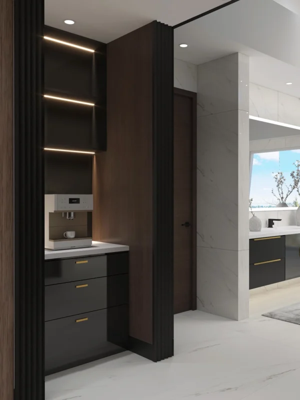 Sleek modern kitchen design featuring black cabinetry, white countertops, and stylish storage solutions.