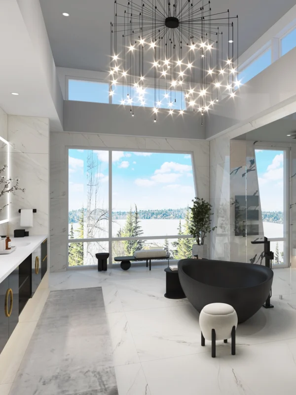 Luxurious modern bathroom with expansive windows, elegant chandelier, and freestanding soaking tub.