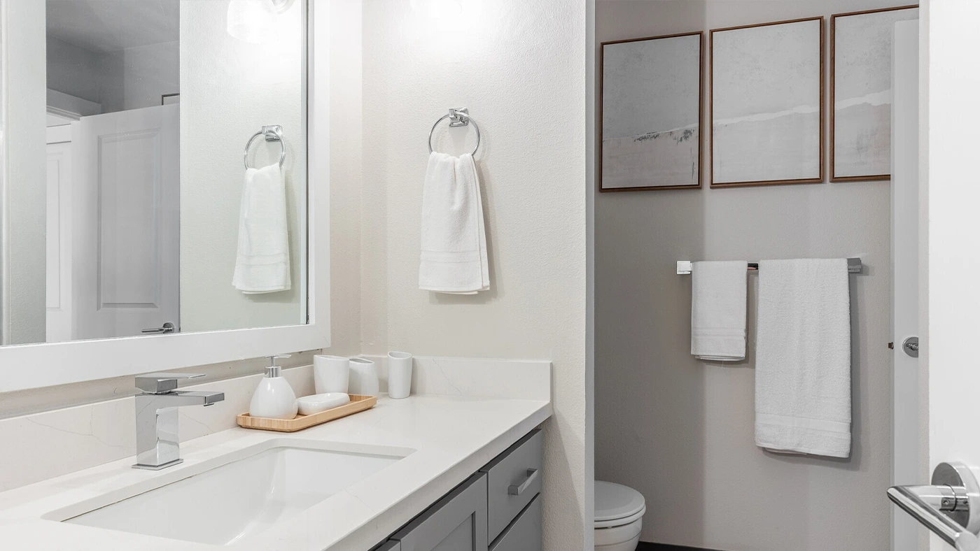 Modern minimalist bathroom with sleek white fixtures, stylish decor, and inviting ambiance.