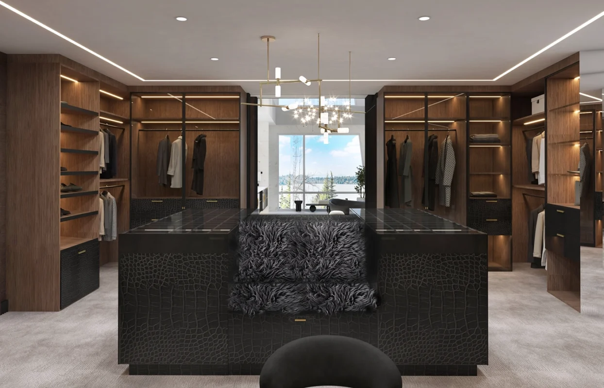 Luxurious modern walk-in closet with elegant design, natural light, and organized storage solutions.