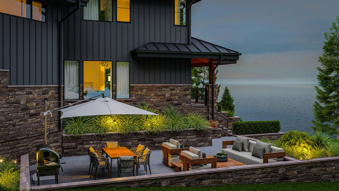 Stunning outdoor living space with modern patio, lush landscaping, and serene water views.