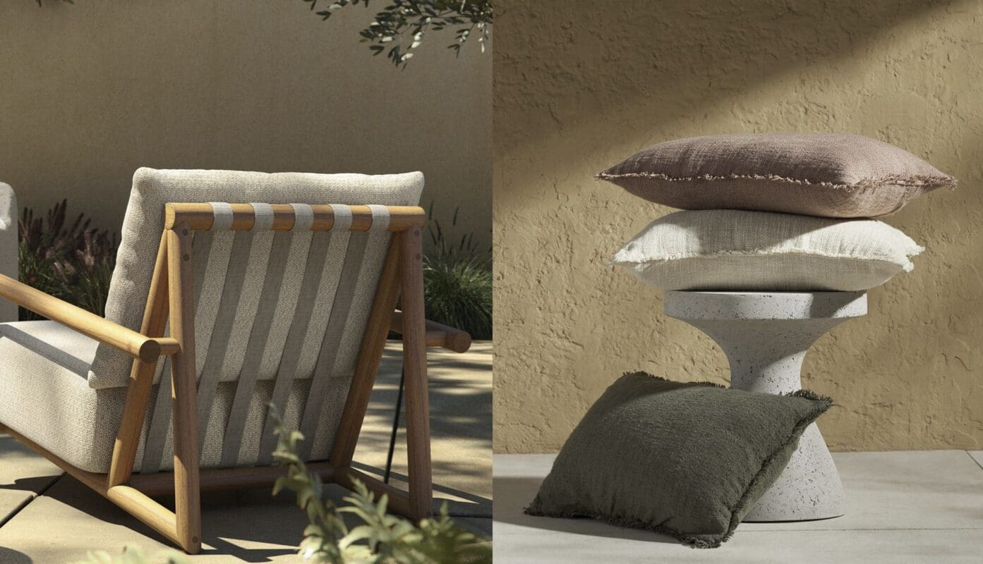 Modern outdoor furniture in a serene setting, featuring a stylish chair and colorful cushions.