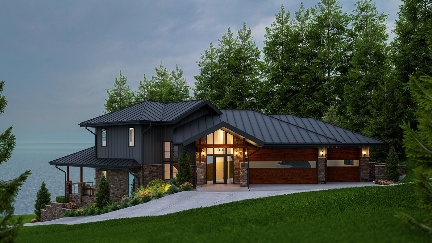 Elegant modern landscape architecture design featuring a spacious patio with comfortable seating, lush greenery, and colorful flower beds.