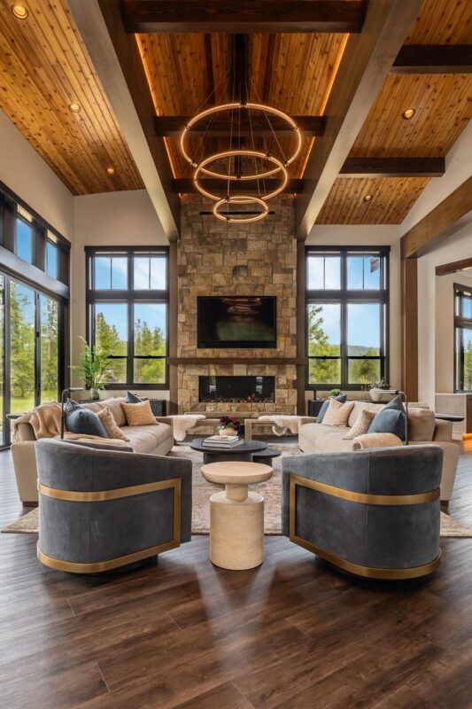 A stylish and inviting living room at the Suncadia Grand Retreat, featuring plush seating, elegant decor, and a warm, welcoming atmosphere.