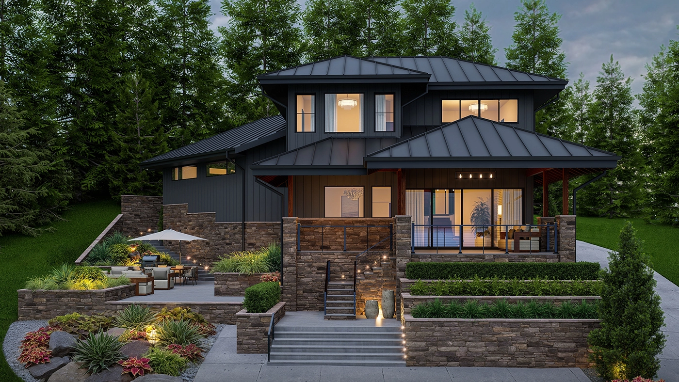 Exterior view of a stunning, custom-designed house with modern architecture and lush landscaping by Ariana Designs.